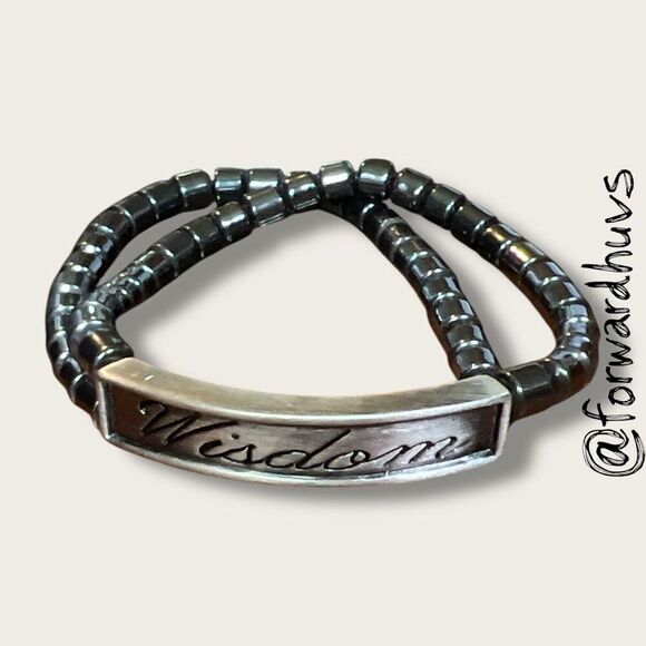 Bundle Sale 3 for $15 | Hematite Stretch Bracelet with "Wisdom" Etched Centerpie - Picture 3 of 6